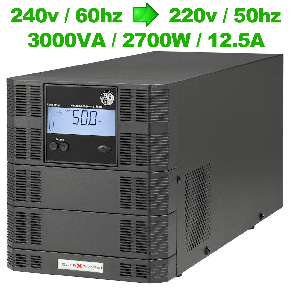 UX-3K | 2700W/12A | Step-Up Voltage & Frequency Converter – 240V/60Hz to 220V/50Hz