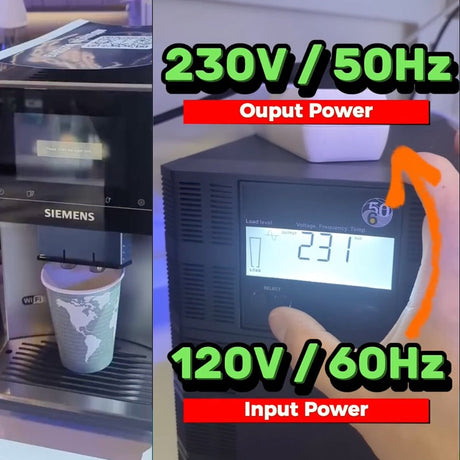Voltage & Frequency converter runs 230V/50Hz Siemens European coffee machine on 120V/60Hz USA power